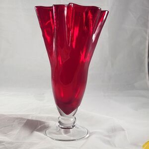 Hand Blown 10 inch Red Ruffled Handkerchief Vase with Clear Pedestal
